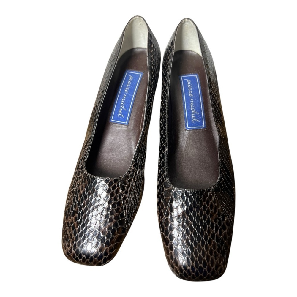 vintage Brown Snakeskin-Effect Square-Toe Flats